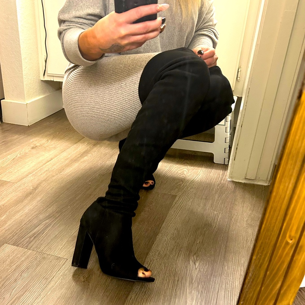 Over the knee peep toe black bootss